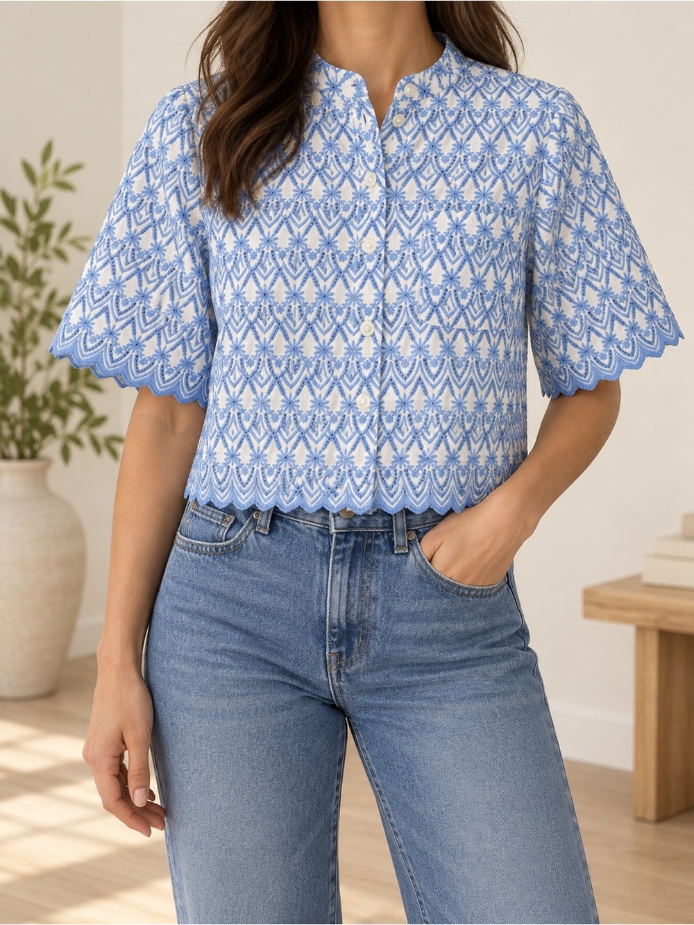 Boden Tamsin Broderie Cotton Eyelet Button Top Blue White US Size 6 NWT